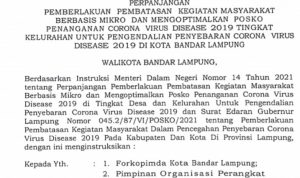 Pemkot Bandar Lampung Keluarkan Instruksi Wali Kota Perpanjangan PPKM