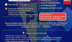 Denpom II/3 Lampung Buka Pendaftaran Vaksinasi Umum Gratis Mulai Hari Ini
