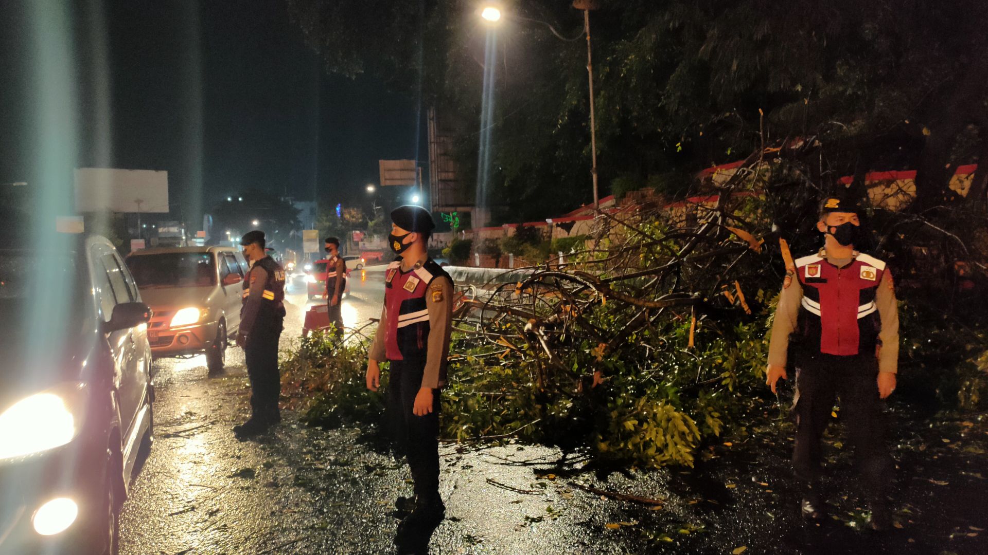 Tim dari Dit Samapta Polda Lampung Melakukan Pengamanan Arus Lalu Lintas Disekitar Loksi Pohon Tumbang || Foto: 5w1hindonesia.id