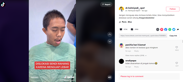 Seorang pria tidak bisa menutup mulutnya karena menguap terlalu lebar || Foto: Tiktok @dr. Helmiyadi_spot , 5w1hindonesia.id