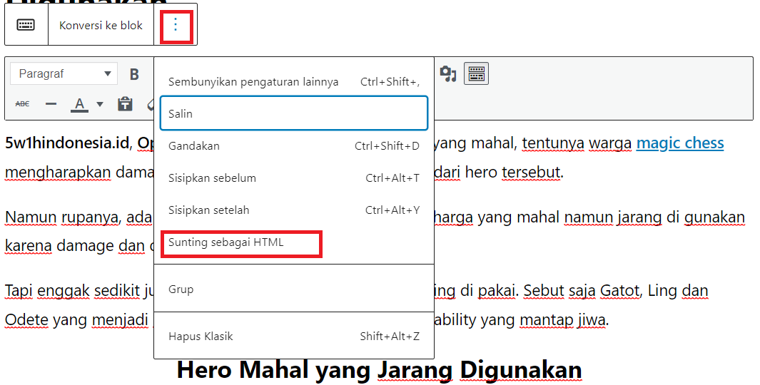 Masuk ke mode sunting HTML