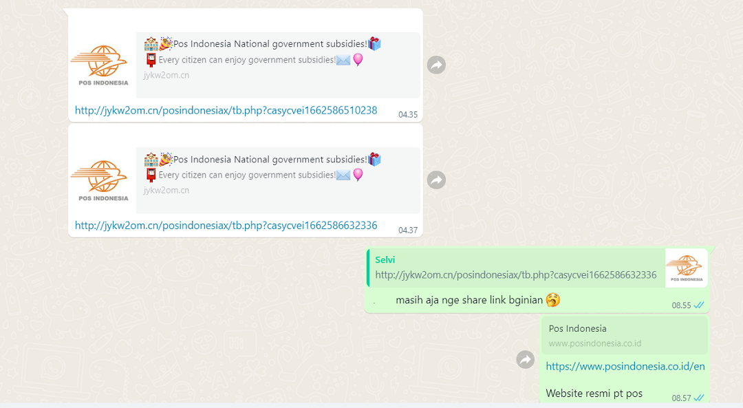 Salah satu bentuk phising yang masih sering terjadi di aplikasi chat Whatsapp || Foto: 5W1HINDONESIA.ID