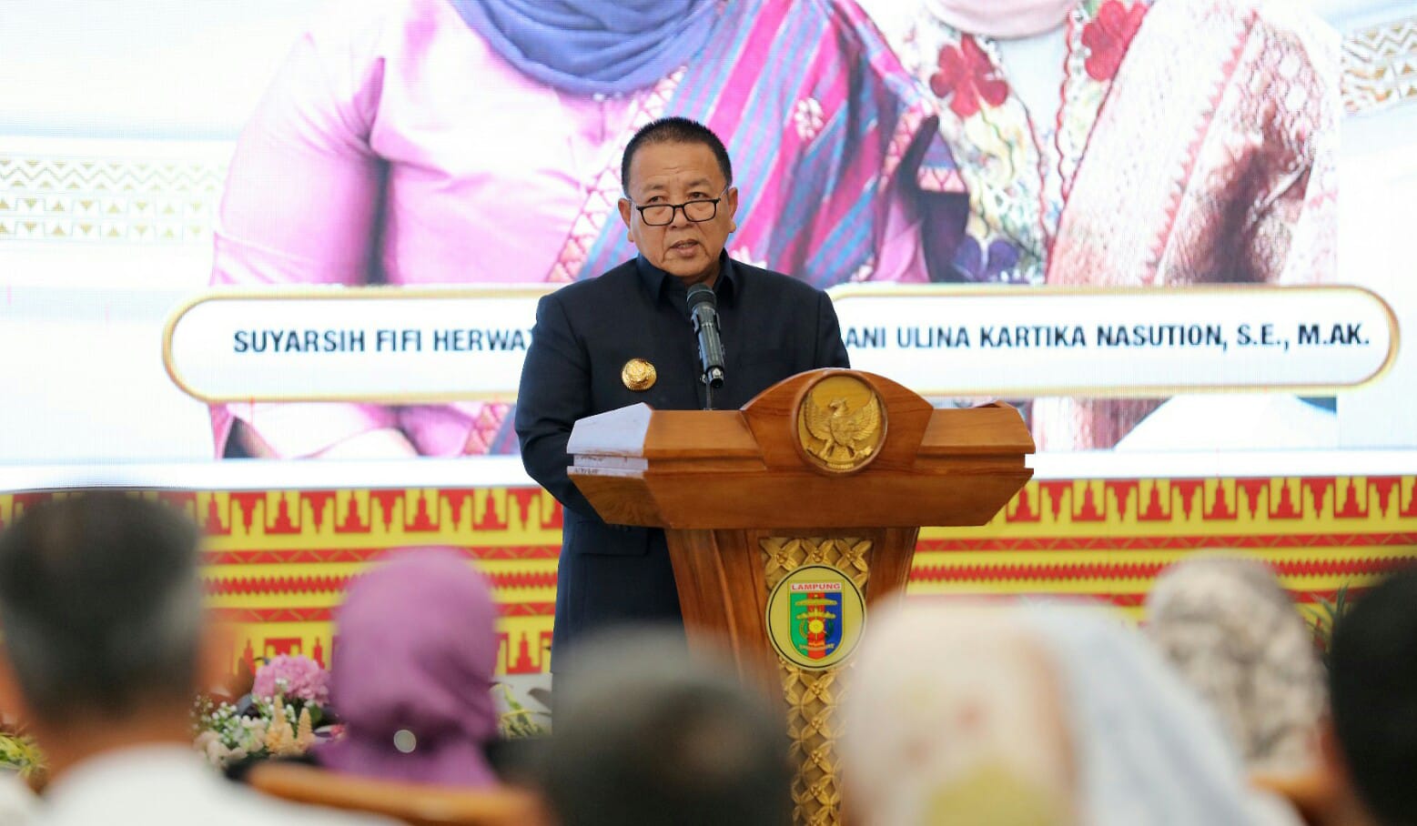 Gubernur Lampung Arinal Djunaidi saat memberikan sambutan pada acara Pengukuhan Kepala Perwakilan Badan Pengawasan Keuangan dan Pembangunan (BPKP) Provinsi Lampung, Nani Ulina Kartika Nasution yang menggantikan Suyarsih Fifi Herwati, di Mahan Agung || Foto: Adpim Pemprov Lampung