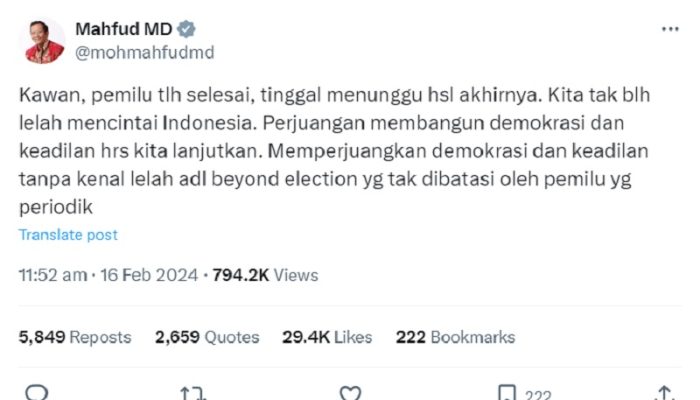 Mahfud MD Buka Suara Usai Kalah Versi Quick Count