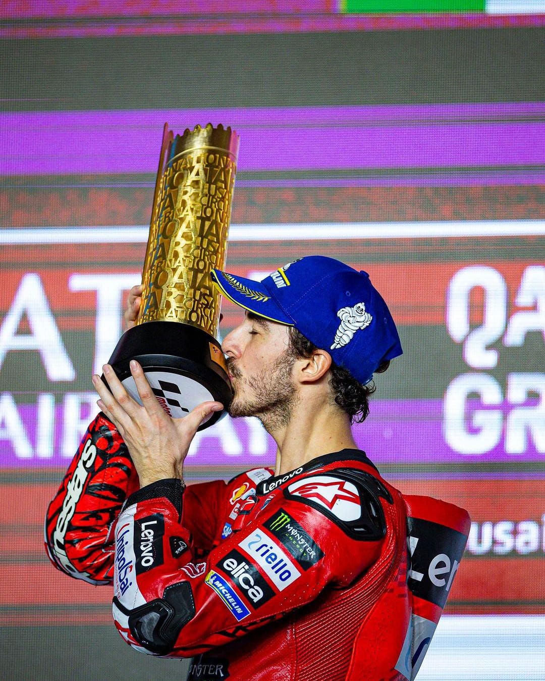 Fransico Bagnaia "Pecco" berhasil menjuarai race perdana MotoGP 2024 di Sirkuit Internasional Lusial Qatar || Foto: Instagram @Ducaticorse