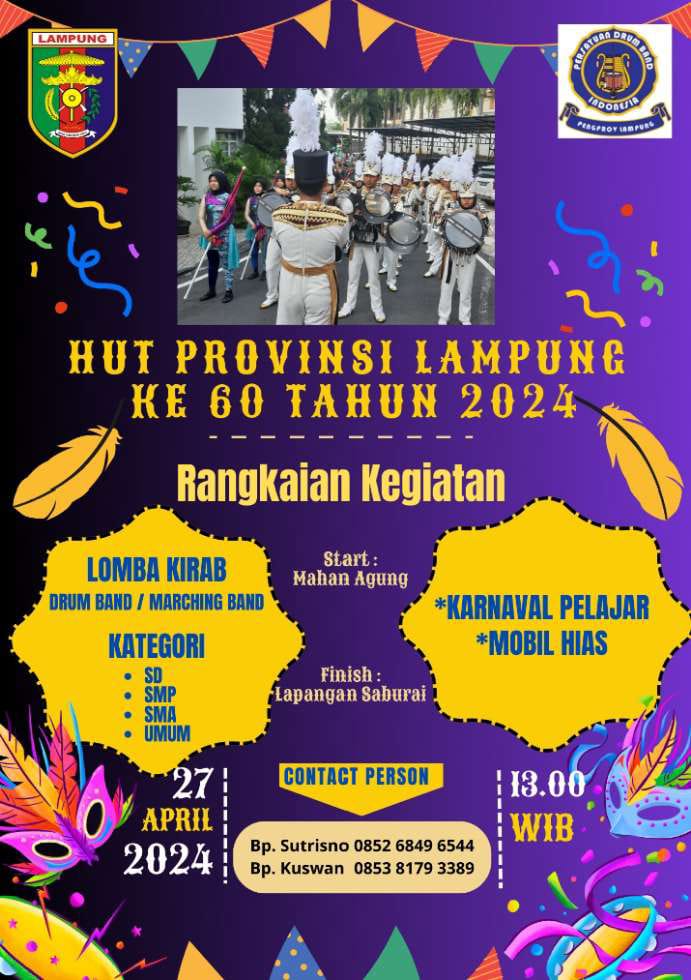 Pemprov Lampung menggelar pawai Drumband/Marching Band dan Mobil Hias, dalam rangka memperingati HUT ke-60 Provinsi Lampung || Foto: Dinas Kominfotik Provinsi Lampung