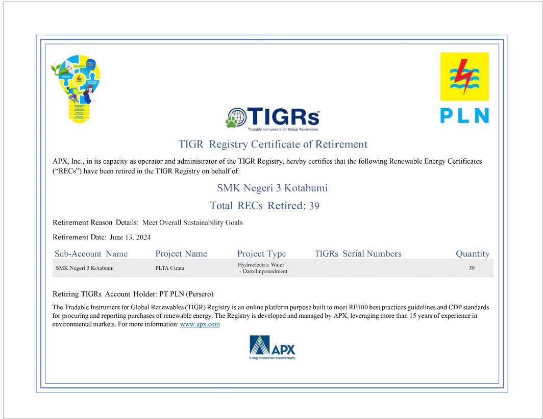 Sertifikat REC SMKN 3 Kotabumi yang diterbitkan oleh TIGRs || Foto: Dok. PLN UID Lampung