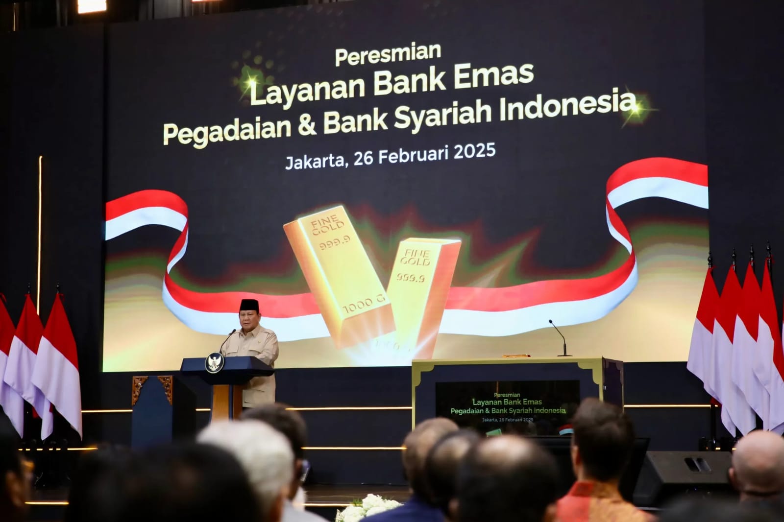Presiden Republik Indonesia Prabowo Subianto secara resmi telah meluncurkan kegiatan usaha bulion (Layanan Bank Emas) Pegadaian dan Bank Syariah Indonesia (BSI) di Jakarta || Foto: Istimewa