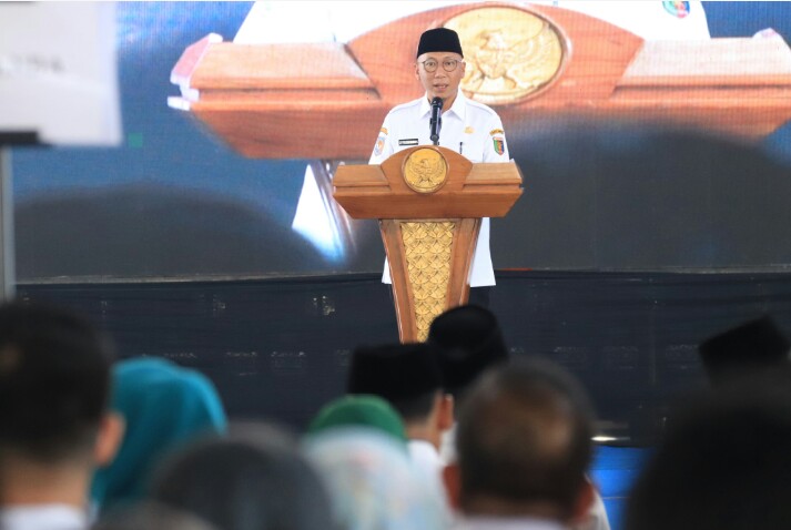 Gubernur Lampung Rahmat Mirzani Djausal dalam sambutannya pada kegiatan Halalbihalal bersama Gubernur dan Wakil Gubernur Lampung Tahun 1446 H/2025 || Foto: Dinas Kominfotik Provinsi Lampung