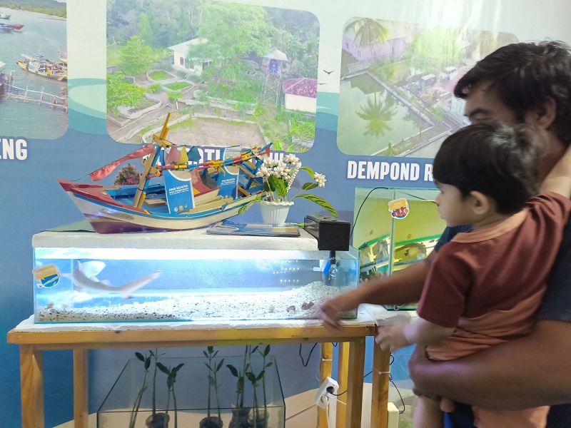 Pengunjung melihat Hiu Black Strip di Booth Dinas Kelautan dan Perikanan Bandar Lampung Expo 2025 || Foto: Ridho/5W1HINDONESIA.ID