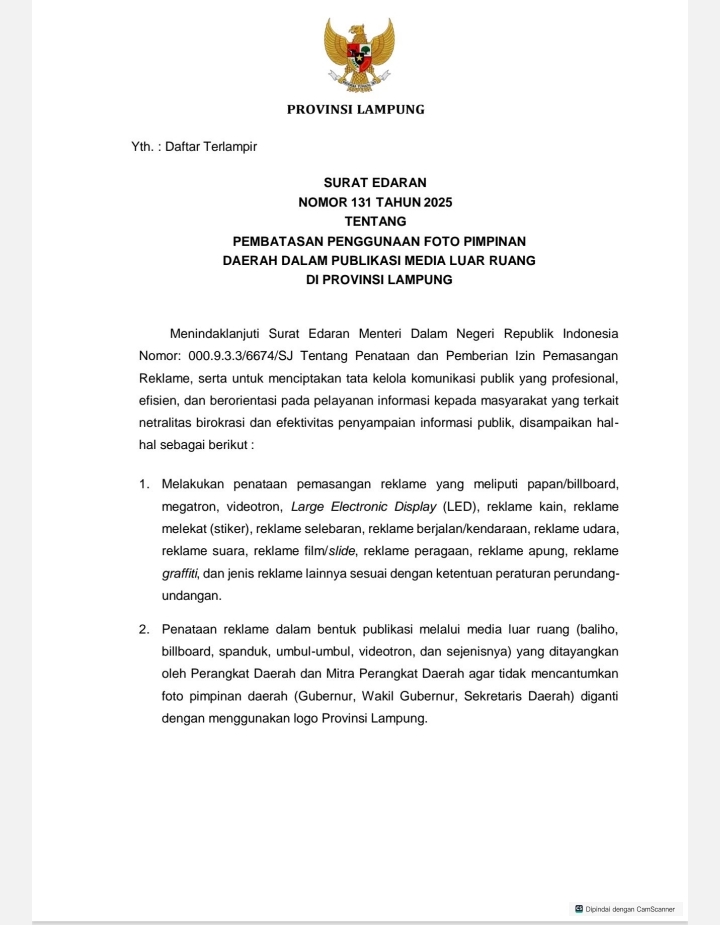 Surat Edaran Nomor 131 Tahun 2025 tentang Pembatasan Penggunaan Foto Pimpinan Daerah dalam Publikasi Media Luar Ruang di Provinsi Lampung || Foto: Dinas Kominfotik Provinsi Lampung