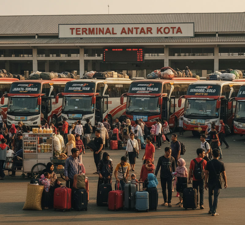Ilustrasi suasana terminal bus saat mudik || Foto: Gemini AI/5W1HINDONESIA.ID
