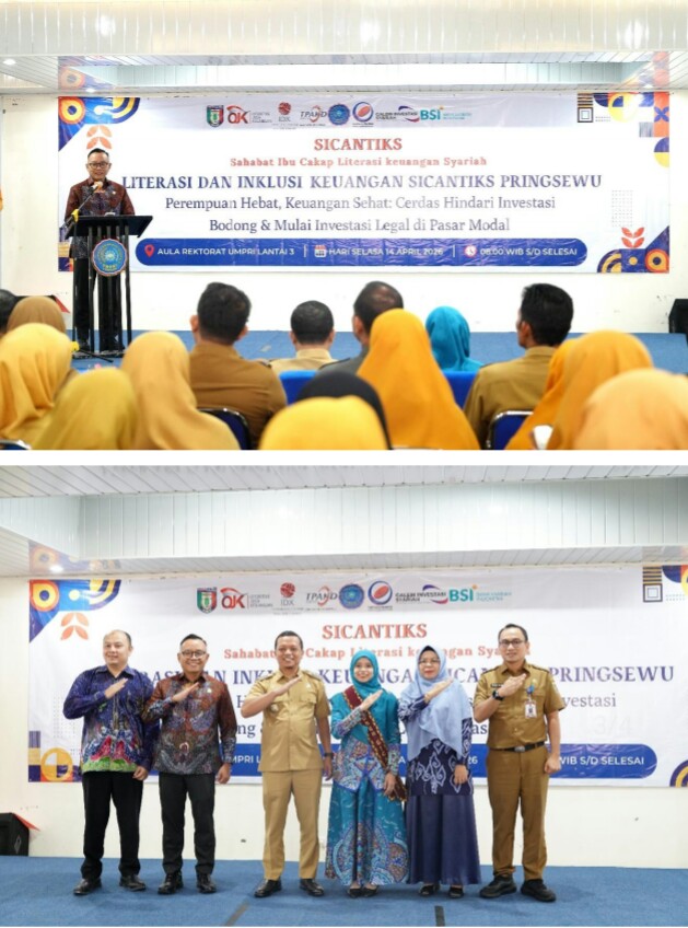 OJK Provinsi Lampung bersama Pemkab Pringsewu dan pemangku kepentingan terkait melaksanakan kegiatan Literasi dan Inklusi Keuangan Syariah melalui program SICANTIKS (Sahabat Ibu Cakap Literasi dan Inklusi Keuangan Syariah) di Universitas Muhammadiyah Pringsewu || Foto: OJK Provinsi Lampung