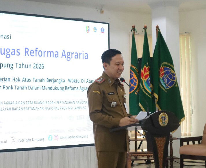 Sekdaprov Lampung, Marindo Kurniawan, saat membuka Rapat Koordinasi (Rakor) Gugus Tugas Reforma Agraria (GTRA) Provinsi Lampung Tahun Anggaran 2026 || Foto: Dinas Kominfotik Provinsi Lampung