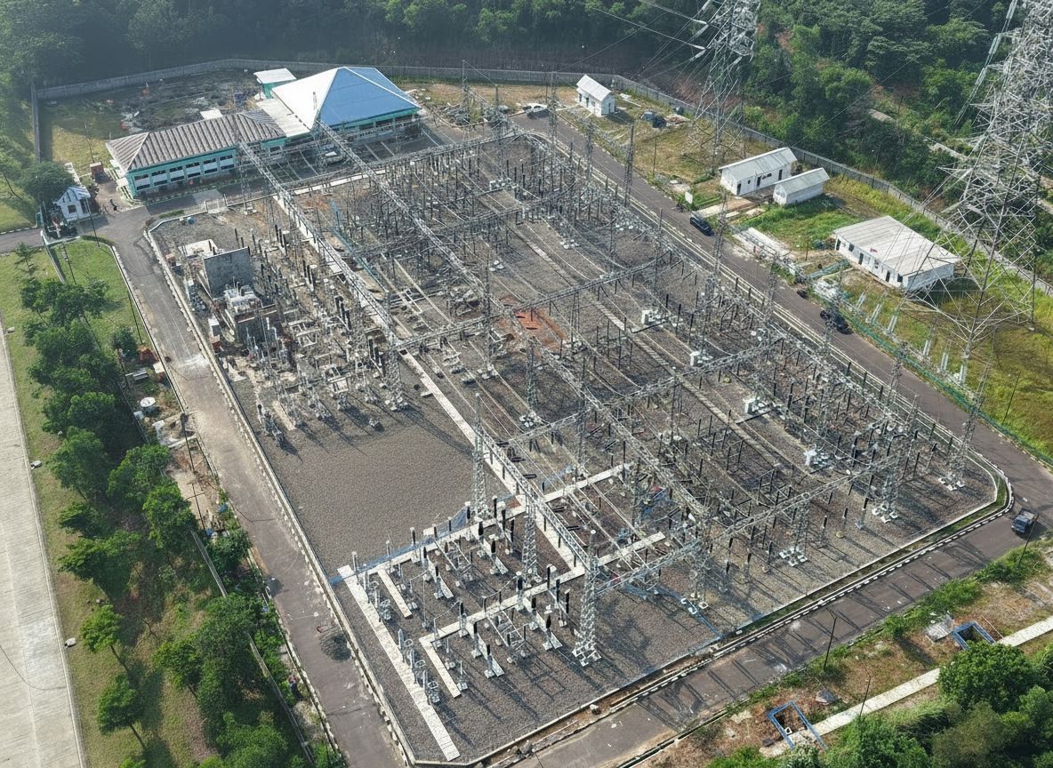 Tampak udara Gardu Induk 150 kilovolt (kV) Margakarya di Karawang International Industrial City (KIIC), Jawa Barat yang melayani suplai listrik ke industri data center di kawasan tersebut. Dengan listrik yang andal, PLN menciptakan multiplier effect untuk kemajuan industri nasional || Foto: PLN