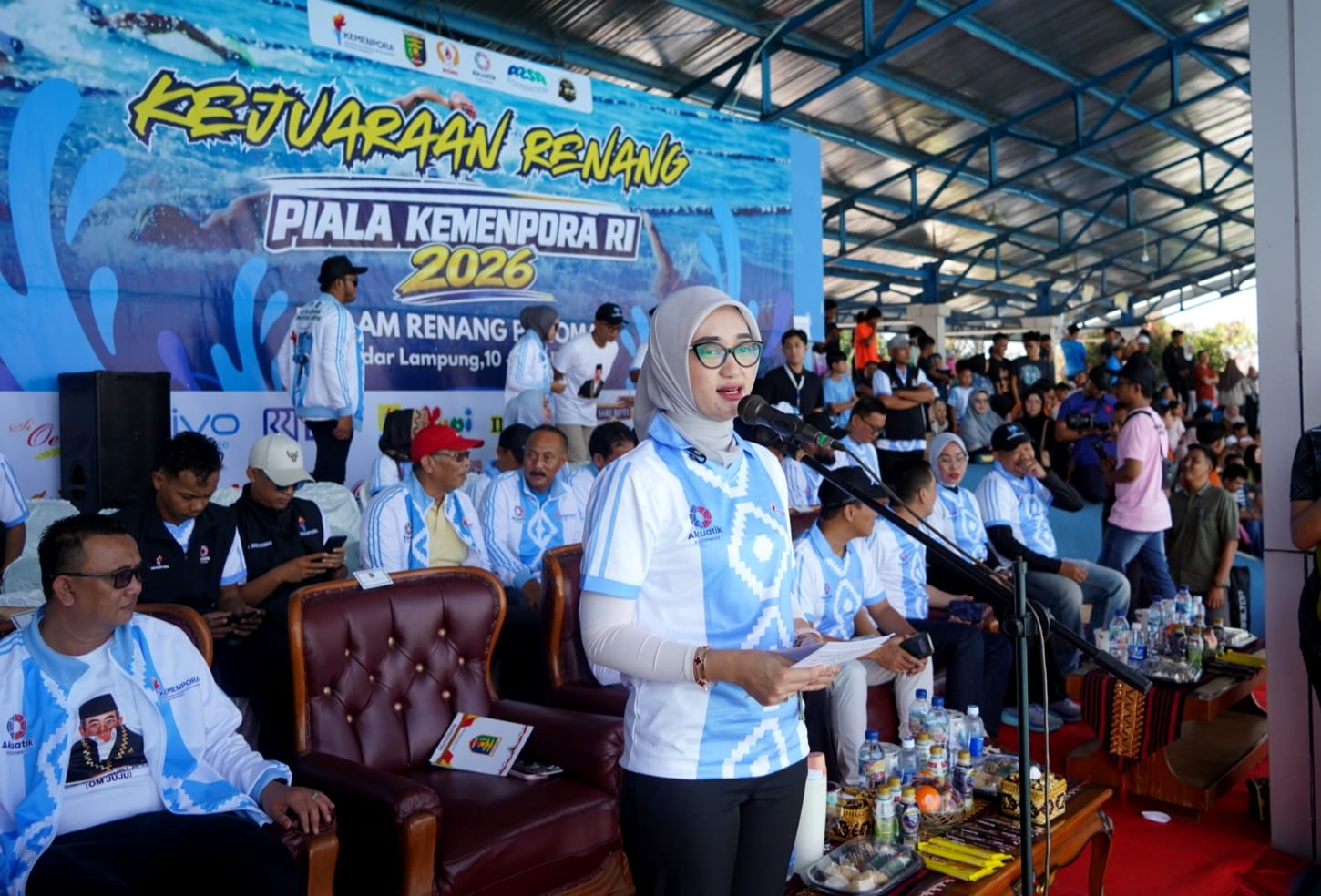 Wagub Lampung Jihan Nurlela saat membuka secara resmi Kejuaraan Renang Antar Perkumpulan dan Pelajar se-Indonesia Piala Kemenpora RI Tahun 2026 || Foto: Dinas Kominfotik Provinsi Lampung