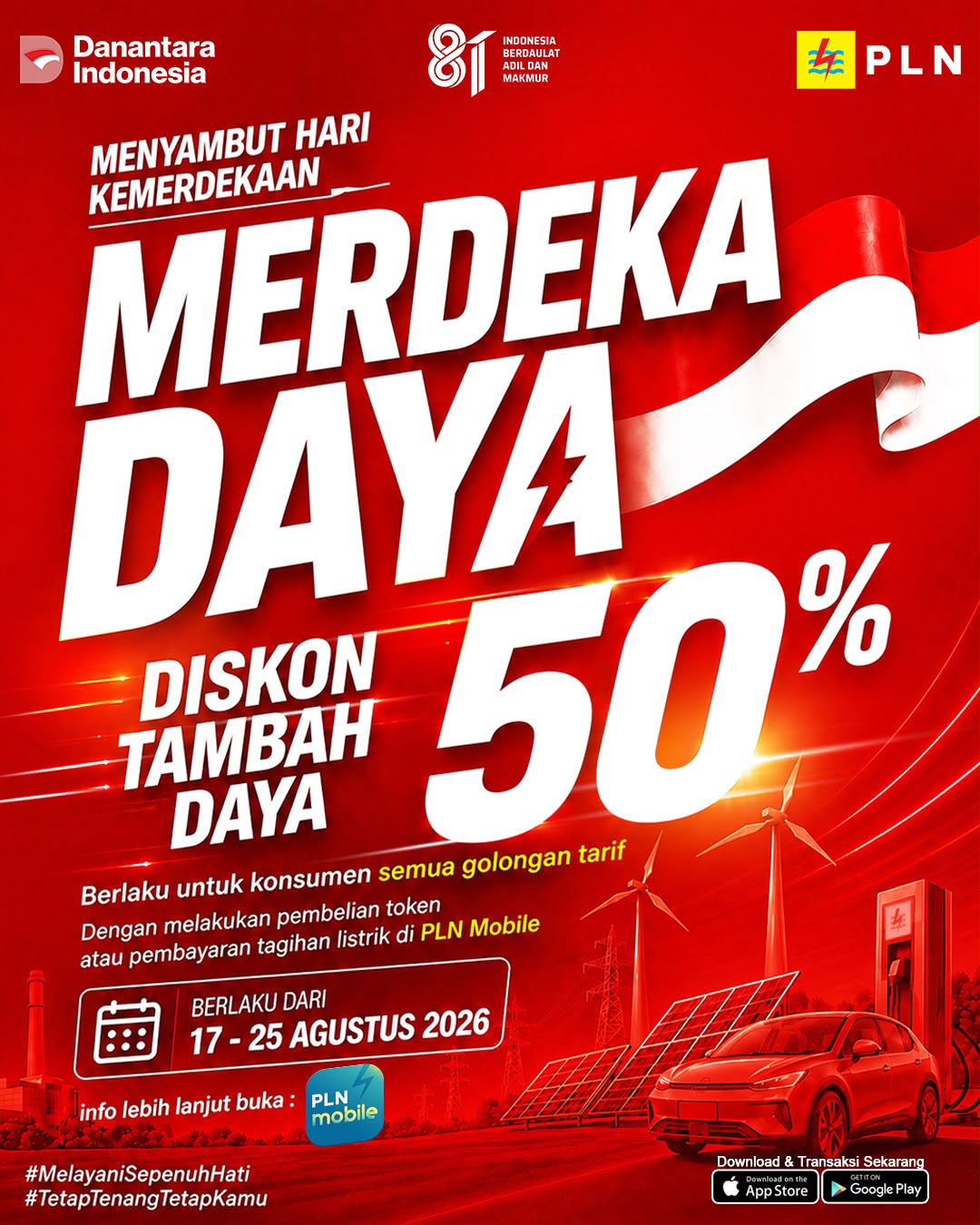 Pada program "Merdeka Daya" ini, PLN memberikan diskon 50% tambah daya listrik bagi pelanggan tegangan rendah satu fasa semua golongan tarif, dengan daya awal 450 VA hingga 5.500 VA yang ingin menambah daya sampai 7.700 VA, khusus melalui PLN Mobile || Foto: PLN UID Lampung