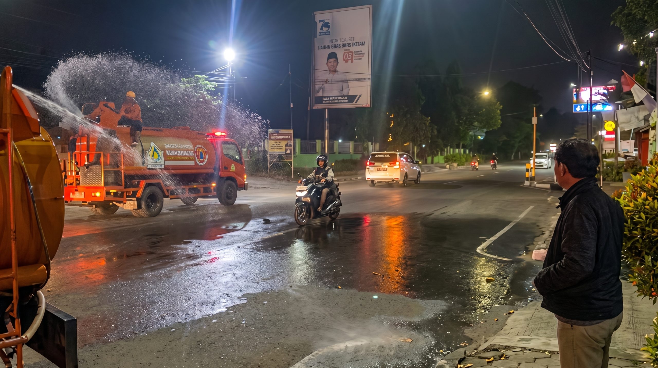 Tim Gabungan BPBD, Damkarmat dan Pol PP Bandar Lampung menyiram jalan protokol pasca hujan abu vulkanik gunung anak Krakatau, Sabtu malam (5/9/2026) || Foto: Dok. BPBD Bandar Lampung || 5w1hindonesia.id